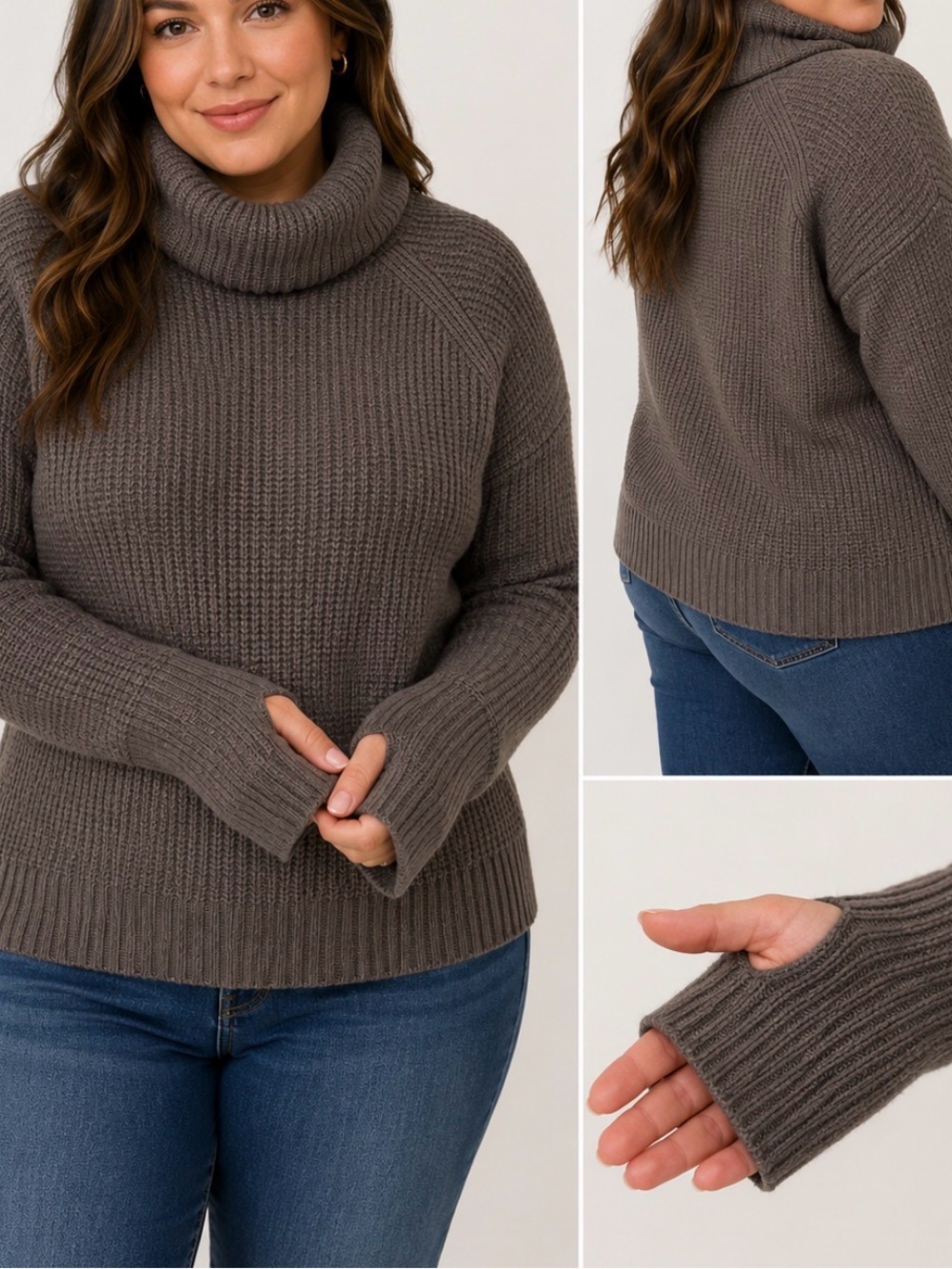 Market & Spruce Turtleneck Waffle Knit Sweater brown thumb holes chunky SZ XL